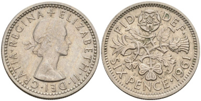 Великобритания 6 пенсов 1961 Елизавета II (1952-2022) KM 903, Spink 4149 медно-никель 4154-242