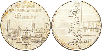 Финляндия 10 марок 1971 S-H, X Чемпионат Европы по легкой атлетике KM 52 серебро UNC 1074-5-14