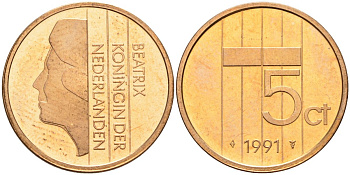Нидерланды 5 центов 1991 Беатрикс (1980-2013) KM 202 бронза UNC 4116-247