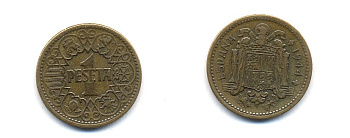 ИСПАНИЯ 1 ПЕСЕТА 1944 НАЦИОНАЛЬНОЕ ПРАВИТЕЛЬСТВО (1939-1947) KM 767 алюминиевая бронза 54-167