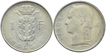 БЕЛЬГИЯ 1 ФРАНК 1965 BELGIE KM 143.1 медно-никель 4388-734