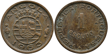 Португальская Ангола 1 эскудо 1963 KM 76 бронза 33-917
