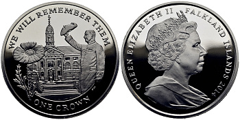 Фолклендские острова 1 крона 2014 в память героев первой мировой войны, Королевский госпиталь Челси KM 177a серебро  PROOF 1071-3-11