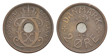 Дания 2 эре 1928 N, Кристиан X (1912-1947) KM 827 бронза 4639-737