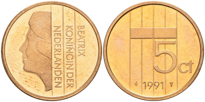 Нидерланды 5 центов 1991 Беатрикс (1980-2013) KM 202 бронза UNC 4116-247