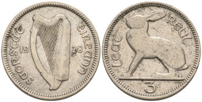 Ирландия 3 пенса 1928 ЗАЯЦ KM 4 никель 202-113