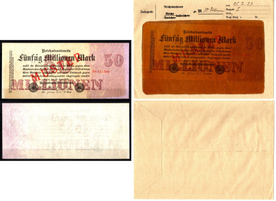 Германия 50000000 марок 1923 25 июля, MUSTER, образец, Specimen. В оригинальном банковском конверте. Из коллекции Отто Сейфферта (помощник Ялмара Шахта - министра экономики Германии и президента Рейхсбанка времен третьего рейха) Pick 98 s, Grabowski DEU 1