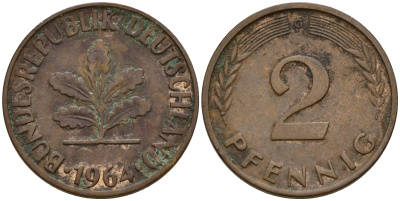 ФРГ 2 пфеннига 1964 F J.381  KM 106 бронза    4598-735