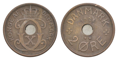 Дания 2 эре 1928 N, Кристиан X (1912-1947) KM 827 бронза 4639-737