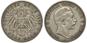 Пруссия 5 марок 1903 Вильгельм II (1888-1918) KM 523, J.104 серебро 00-000-00