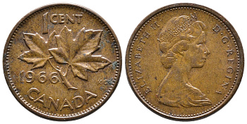 Канада 1 цент 1966 Елизавета II (1952-2022), кленовый лист KM 59.1 бронза 177-955