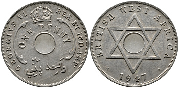 Британская Западная Африка 1 пенни 1947 Георг VI (1937-1952) KM 19 медно-никель 1523-614