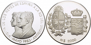 Уругвай 2000 песо 1983 Королевский визит KM M1 серебро PROOF 11-124-14