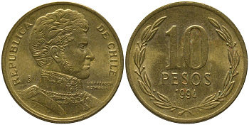 Чили 10 песо 1994 So KM 228.2, Schon 82 алюминиевая бронза aUNC 4544-542