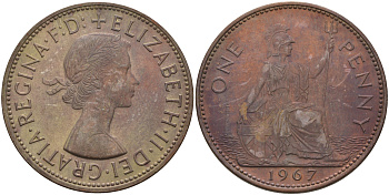 Великобритания 1 пенни 1967 Елизавета II (1952-2022) KM 897, Spink 4157 бронза 4593-245