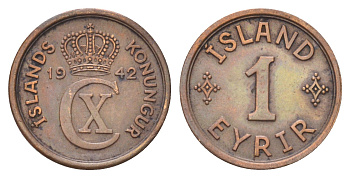 Исландия 1 эйре 1942 KM 5.2 бронза 4668-913