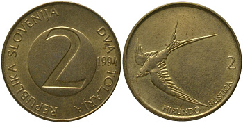 Словения 2 толара 1994 закрытая четвертка (4) KM 5 латунь 4548-353