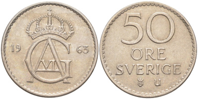 Швеция 50 эре 1963 U, Густав VI Адольф(1950-1973) KM 837 медно-никель 219-935