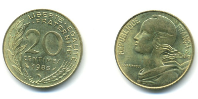 Франция 20 сантимов 1984 тип Marianne KM 930, Le Franс 156.24 медь алюминий никель 25-235