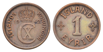 Исландия 1 эйре 1942 KM 5.2 бронза 4668-913