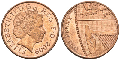 Великобритания 1 пенни 2009 Елизавета II (1952-2022) KM 1107, Spink B6 сталь плакированная медью 4609-656