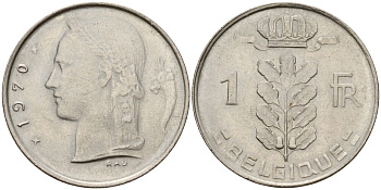 Бельгия 1 франк 1970 Belgique KM 142 медно-никель 4152-429