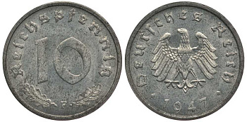 Германия 10 рейхспфеннигов 1947 F, оккупация Германии союзными войсками J. 375, KM A104 цинк UNC 4127-1221