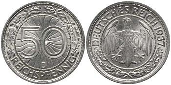 Германия 50 рейхспфеннигов 1937 J J. 324, KM 49 никель UNC 00-817-42