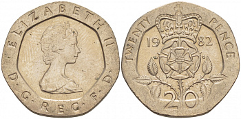 Великобритания 20 пенсов 1982 Елизавета II (1952-2022) KM 931, Spink 4230 (G1) медно-никель 175-1021