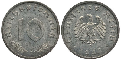 Германия 10 рейхспфеннигов 1947 F, оккупация Германии союзными войсками J. 375, KM A104 цинк UNC 4127-1221