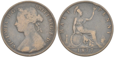 Великобритания 1/2 пенни 1877 Виктория (1837-1901) KM 754, Spink 3956 бронза 4543-1211