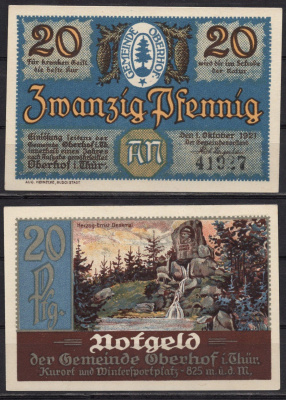 Германия, Оберхоф 20 пфеннигов 1921 Нотгельд, юбилейный выпуск Gra 996.4-6/18 бумага 7555-46-1-2