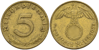 Германия 5 рейхспфеннигов 1938 F KM 91, J. 363 алюминиевая бронза 4151-855