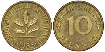 ФРГ 10 пфеннигов 1985 G KM 108, J. 383 сталь плакированная латунью 62-1225