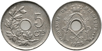БЕЛЬГИЯ 5 САНТИМОВ 1923 BELGIQUE KM 66 медно-никель 76-568