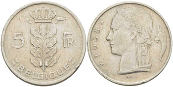 БЕЛЬГИЯ 5 ФРАНКОВ 1958 BELGIQUE, БОДУЭН I (1951-1993) KM 134.1 медно-никель 213-551
