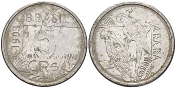 БРАЗИЛИЯ 5 КРУЗЕЙРО РЕАЛ 1993 РЕФОРМА 1993-1994, ПОПУГАИ АРА KM 627 нержавеющая сталь 4388-241