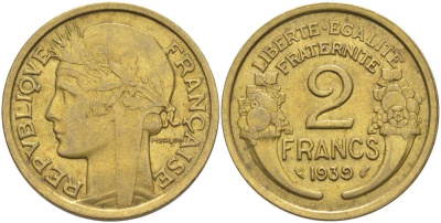 ФРАНЦИЯ 2 ФРАНКА 1939 ТИП MORLON KM 886, LE FRANC 268.12 алюминиевая бронза 3855-212