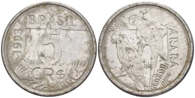 БРАЗИЛИЯ 5 КРУЗЕЙРО РЕАЛ 1993 РЕФОРМА 1993-1994, ПОПУГАИ АРА KM 627 нержавеющая сталь 4388-241