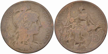 ФРАНЦИЯ 5 САНТИМОВ 1898 ТИП ДАНИЭЛЬ ДЮПЮИ KM 842, LE FRANC 119.5 бронза 108-743