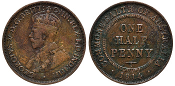 Австралия 1/2 пенни 1914 H, Георг V (1910-1936), монетный двор Хитон KM 22 бронза 60-224