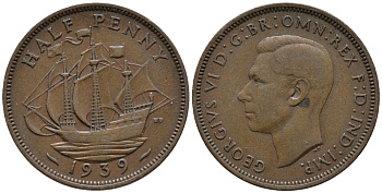 Великобритания 1/2 пенни 1939 Георг VI (1936-1952) KM 844, Spink 4115 бронза 34-1025