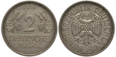 ФРГ 2 марки 1951 J J 386, KM 111 медно-никель плакированный никелем 413-4814