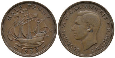 Великобритания 1/2 пенни 1939 Георг VI (1936-1952) KM 844, Spink 4115 бронза 34-1025