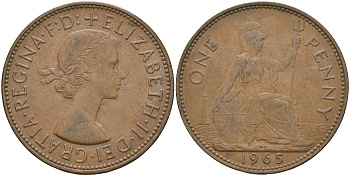 Великобритания 1 пенни 1965 Елизавета II (1952-2022) КМ 897, Spink 4157 бронза    4110-413