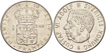 Швеция 1 крона 1960 TS, Густав VI Адольф (1950-1973) KM 826 серебро 4150-113