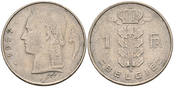 БЕЛЬГИЯ 1 ФРАНК 1957 BELGIE KM 143.1 медно-никель 4563-1217