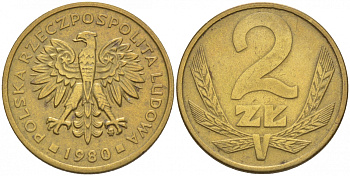 Польша 2 злотых 1980 MW KM 80.1, Parchimowicz 217g латунь 68-454