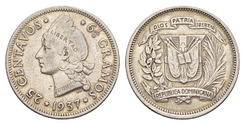 Доминиканская Республика (Доминикана) 25 сентаво 1937 KM 20 серебро 1521-233