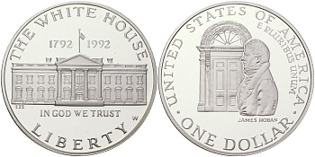 США 1 доллар 1992 W, 200 лет Белому Дому KM 236 серебро PROOF 11-231-54